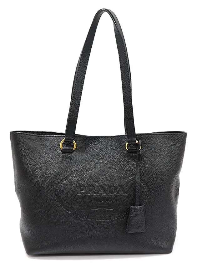 1BG100 Black Vitello Dino Embossed Logo Medium Shopper Shoulder Bag