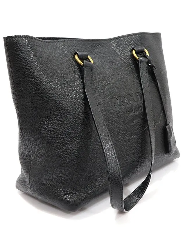 1BG100 Black Vitello Dino Embossed Logo Medium Shopper Shoulder Bag