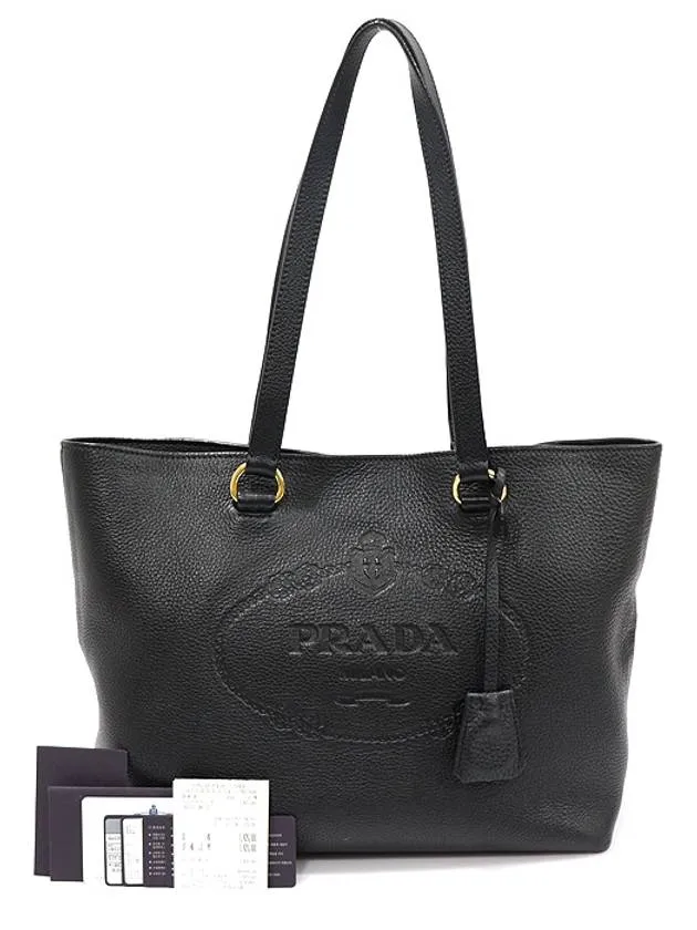 1BG100 Black Vitello Dino Embossed Logo Medium Shopper Shoulder Bag