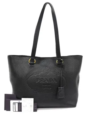 1BG100 Black Vitello Dino Embossed Logo Medium Shopper Shoulder Bag