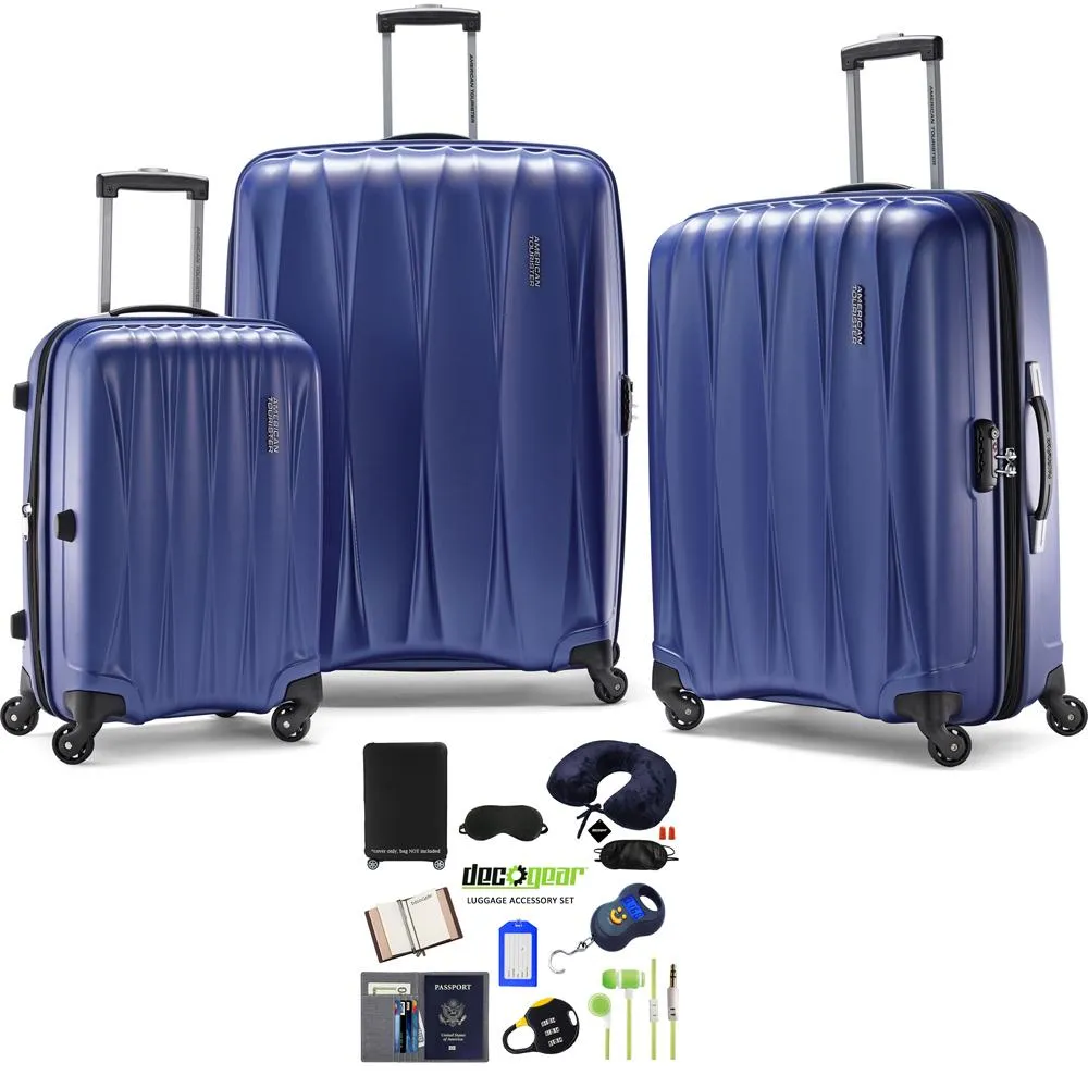 American Tourister Arona Premium Spinner 3Pcs Luggage Set Blue   Accessory Kit