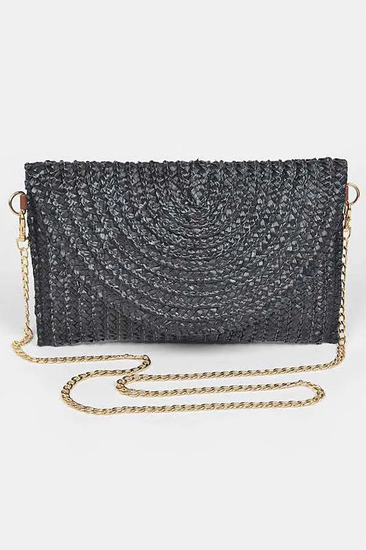 Black Straw Envelope Convertible Clutch Bag
