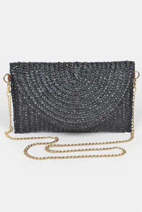 Black Straw Envelope Convertible Clutch Bag