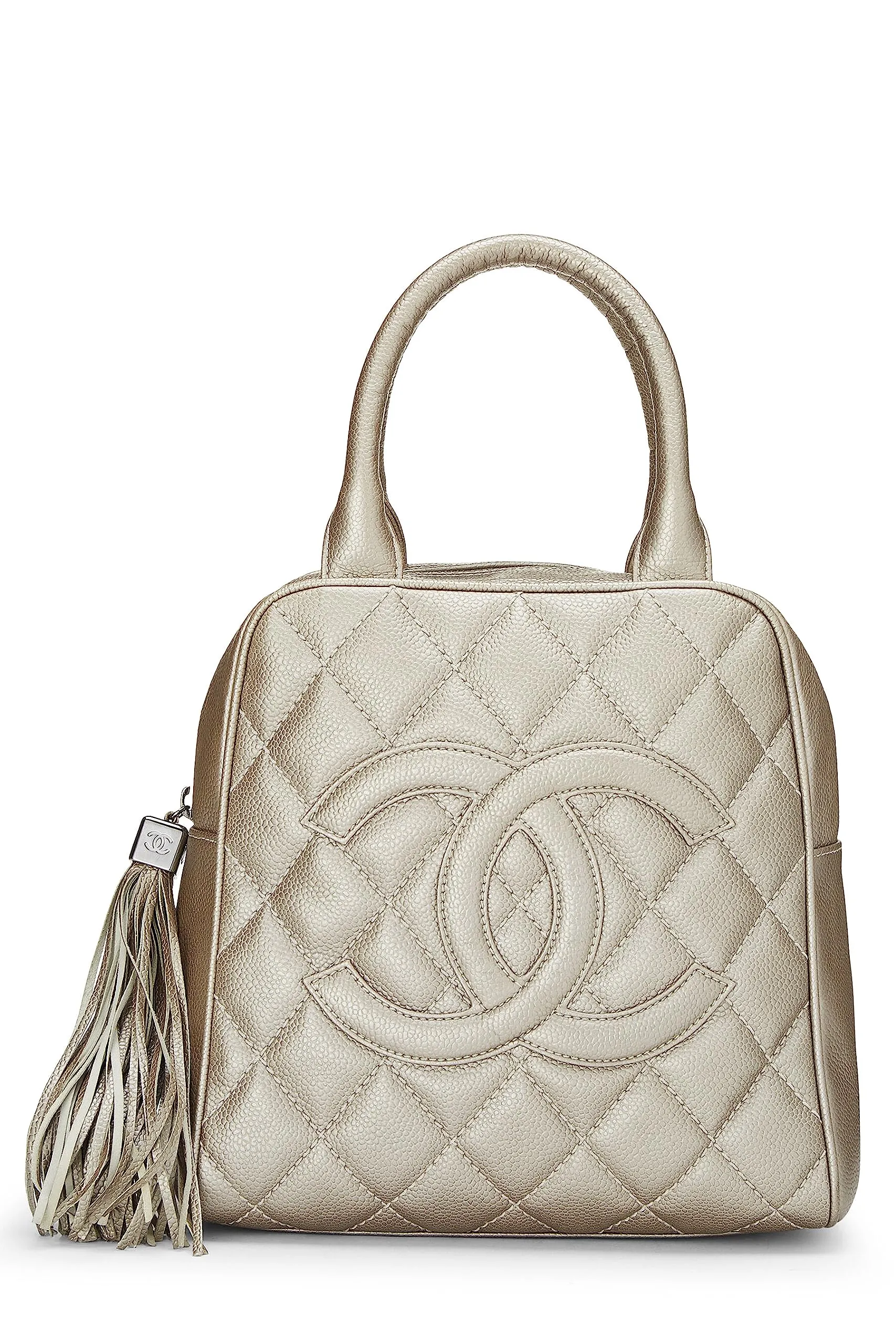 Chanel,  Metallic Silver Quilted Caviar Tassel Handbag, Silver