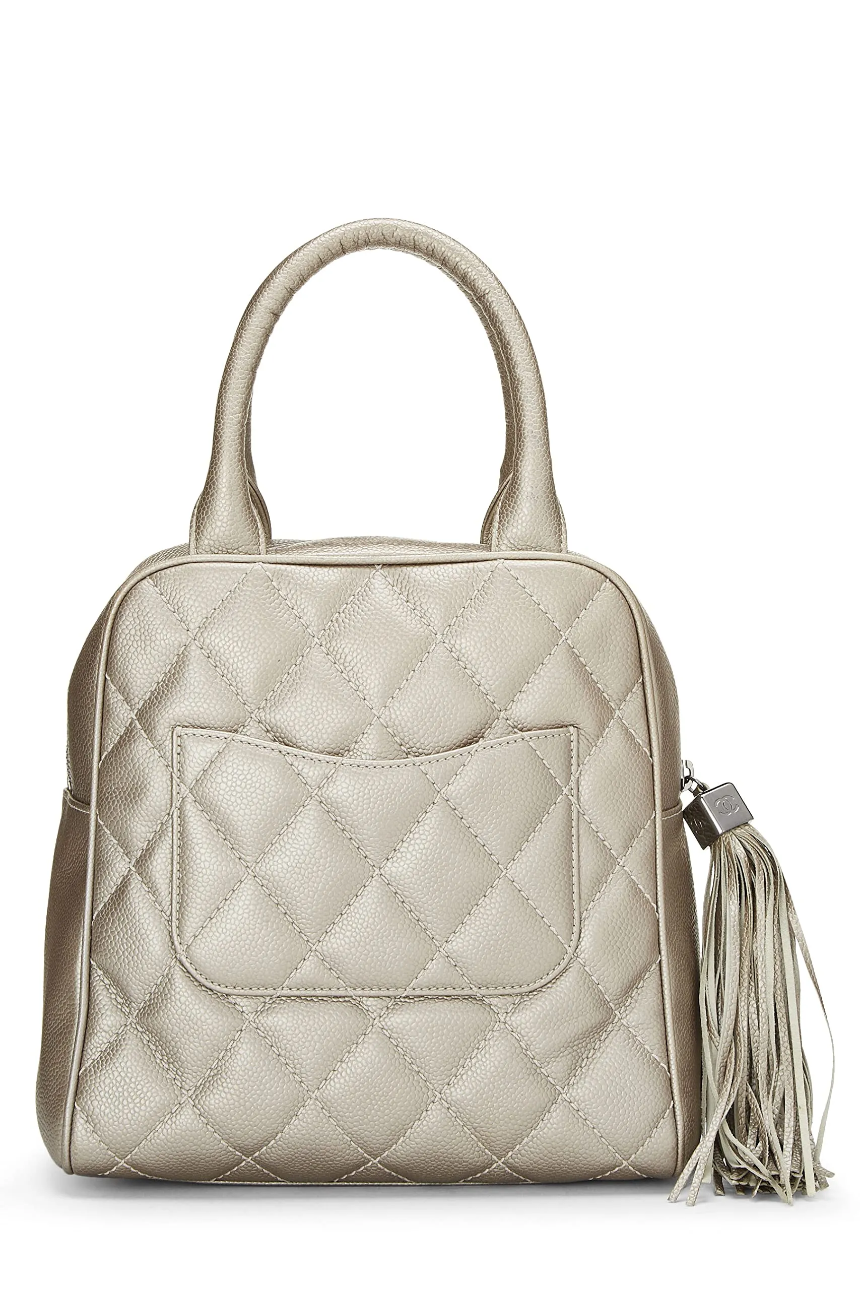Chanel,  Metallic Silver Quilted Caviar Tassel Handbag, Silver