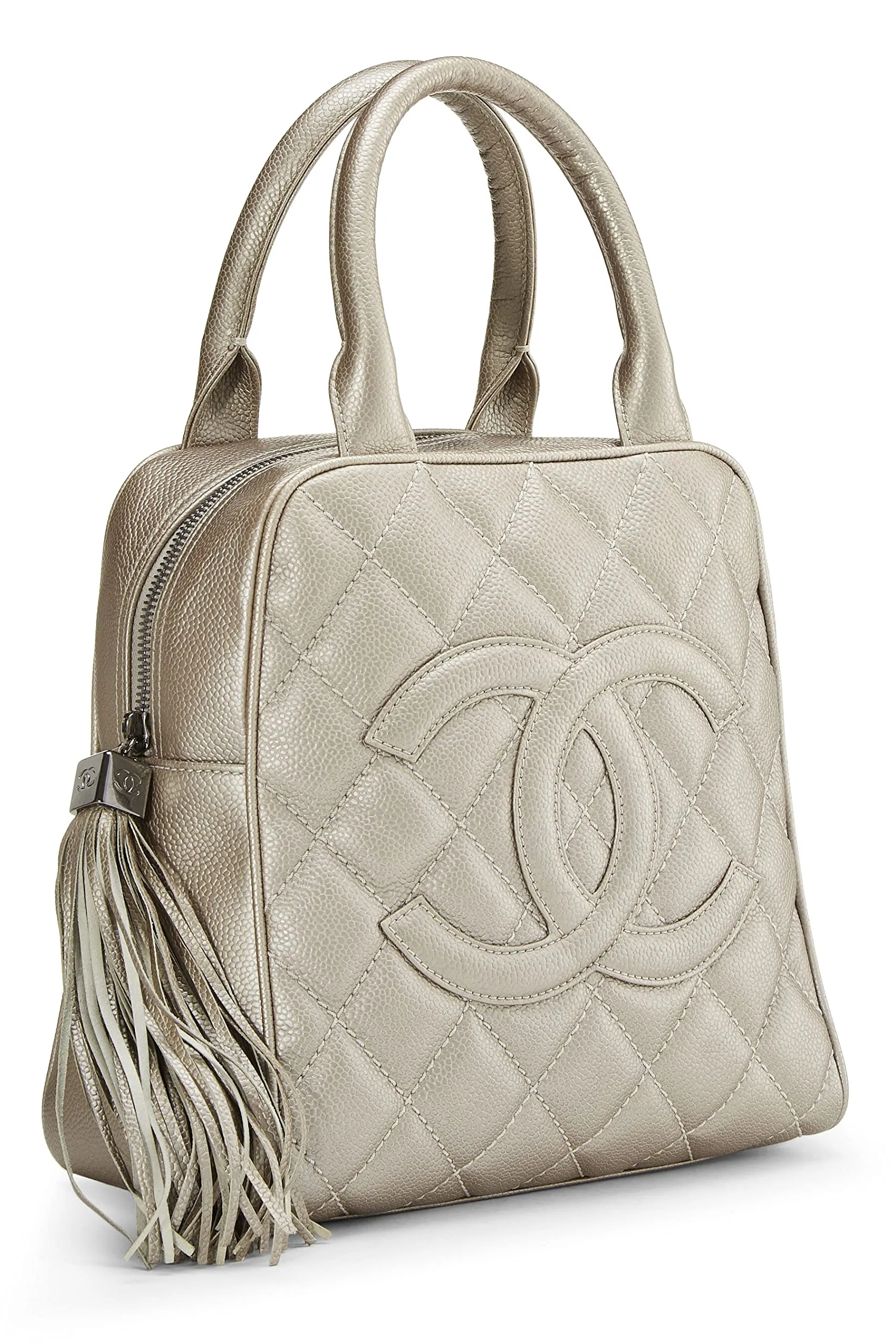 Chanel,  Metallic Silver Quilted Caviar Tassel Handbag, Silver