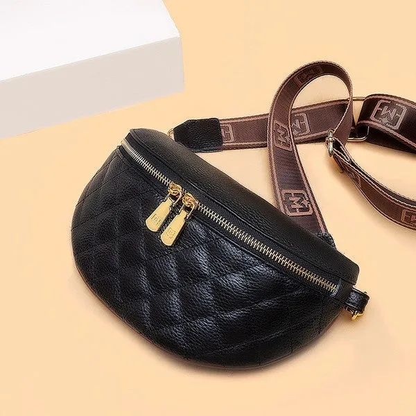 Chic Quilted Leather Crescent Sling Bag with Gold Accents
