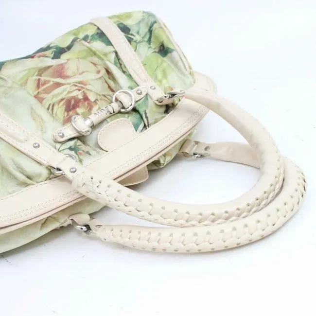 Dior Limited Edition Pink And Green Floral Print Silky Canvas And Pale Pink Leather Satchel