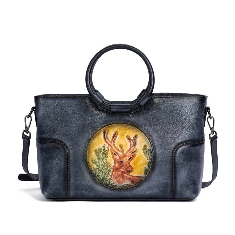 Fashion Large Capacity Round Handle Vintage Leather Shoulder Tote Bag