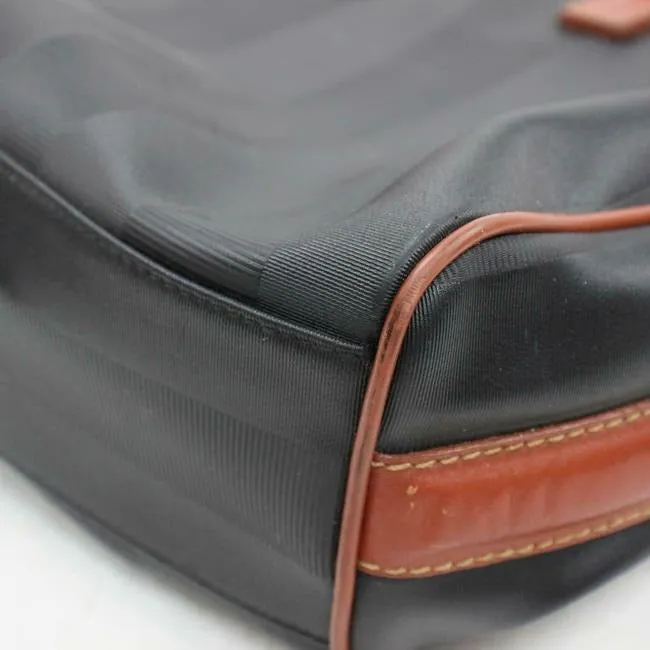 Fendi Early Pequin Black Wide Stripe Print Coated Canvas And Pecan Colored Leather Satchel