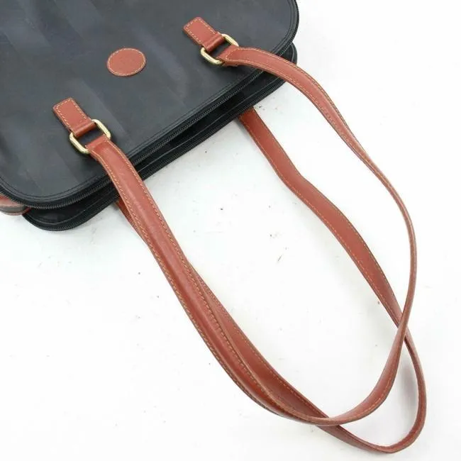 Fendi Early Pequin Black Wide Stripe Print Coated Canvas And Pecan Colored Leather Satchel