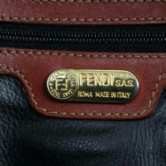 Fendi Early Pequin Black Wide Stripe Print Coated Canvas And Pecan Colored Leather Satchel