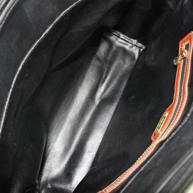 Fendi Early Pequin Black Wide Stripe Print Coated Canvas And Pecan Colored Leather Satchel