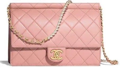 Flap Bag with Pearl Chain, Pink