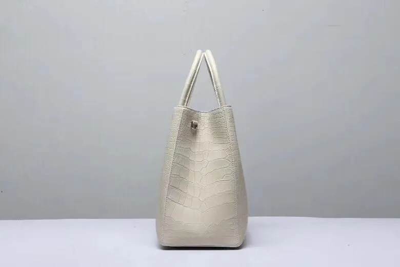 Genuine Crocodile Belly Leather Top Handle Bags For Women Cream 35cm