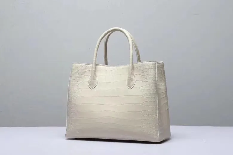 Genuine Crocodile Belly Leather Top Handle Bags For Women Cream 35cm
