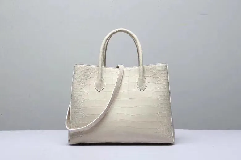 Genuine Crocodile Belly Leather Top Handle Bags For Women Cream 35cm