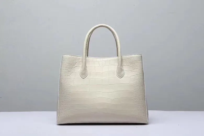 Genuine Crocodile Belly Leather Top Handle Bags For Women Cream 35cm