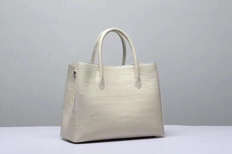 Genuine Crocodile Belly Leather Top Handle Bags For Women Cream 35cm