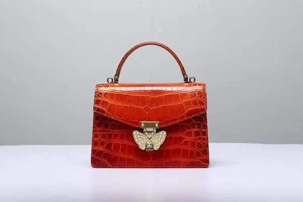 Genuine Crocodile  Leather Top Handle Cross Body Bag Vintage Red