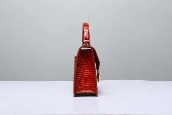 Genuine Crocodile  Leather Top Handle Cross Body Bag Vintage Red