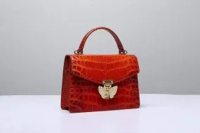 Genuine Crocodile  Leather Top Handle Cross Body Bag Vintage Red