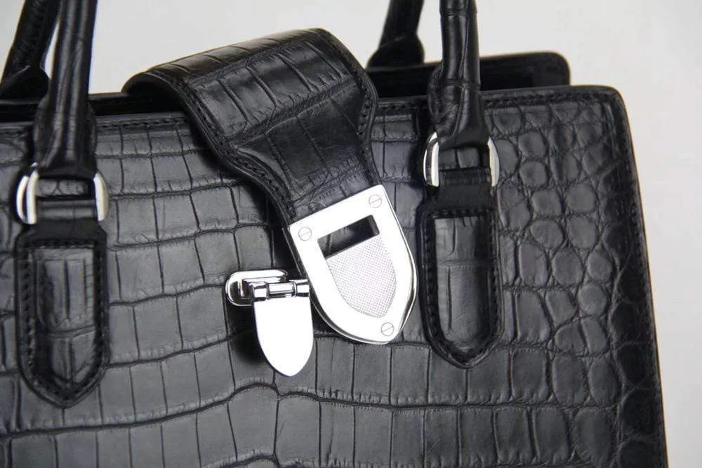 Genuine Crocodile Leather Top Handle Tote Bag Black