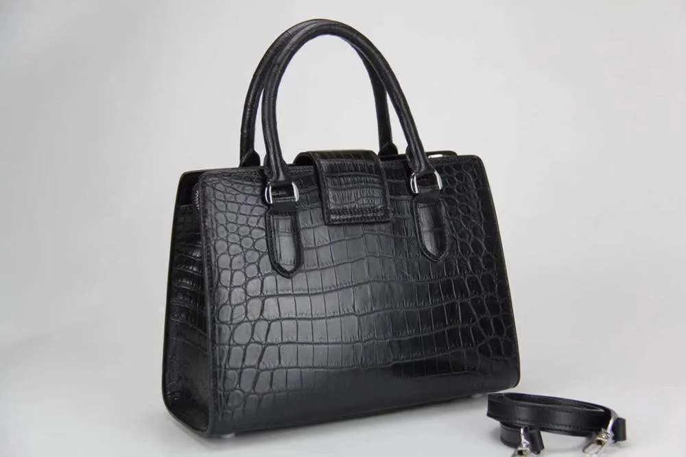 Genuine Crocodile Leather Top Handle Tote Bag Black