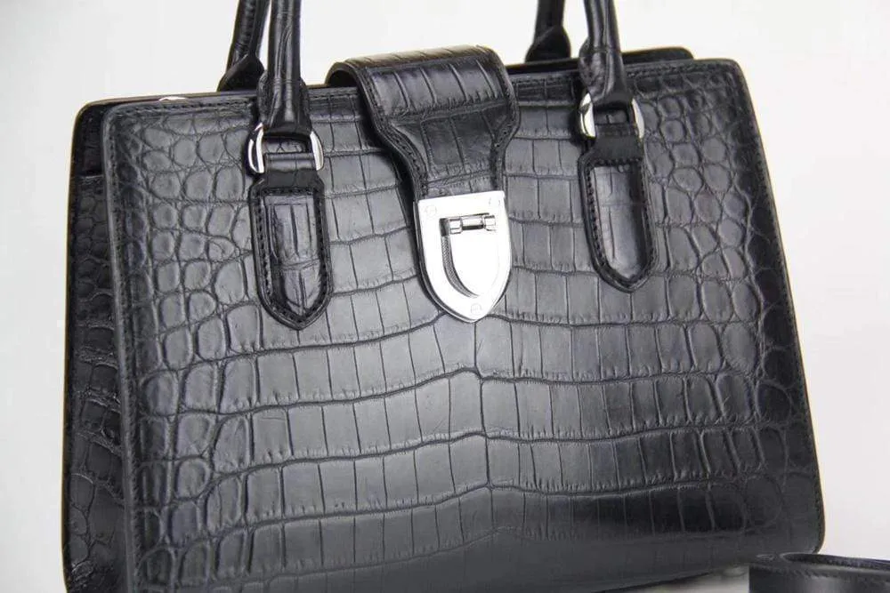 Genuine Crocodile Leather Top Handle Tote Bag Black