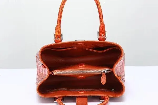 Genuine  Crocodile Leather Top Handle Tote  Shoulder Bag Vintage Orange