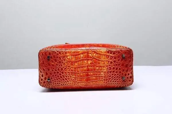 Genuine  Crocodile Leather Top Handle Tote  Shoulder Bag Vintage Orange