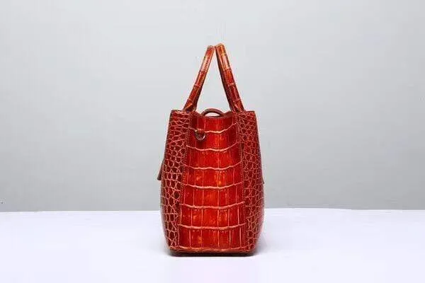 Genuine  Crocodile Leather Top Handle Tote  Shoulder Bag Vintage Orange
