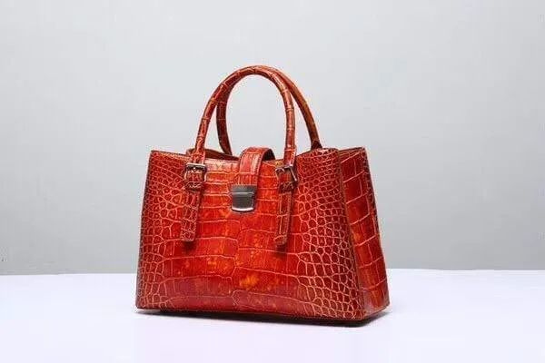 Genuine  Crocodile Leather Top Handle Tote  Shoulder Bag Vintage Orange