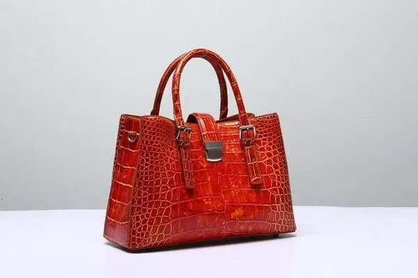 Genuine  Crocodile Leather Top Handle Tote  Shoulder Bag Vintage Orange