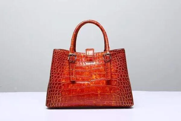 Genuine  Crocodile Leather Top Handle Tote  Shoulder Bag Vintage Orange