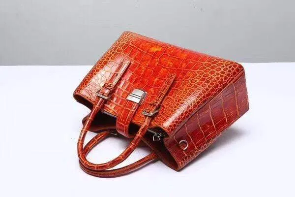 Genuine  Crocodile Leather Top Handle Tote  Shoulder Bag Vintage Orange