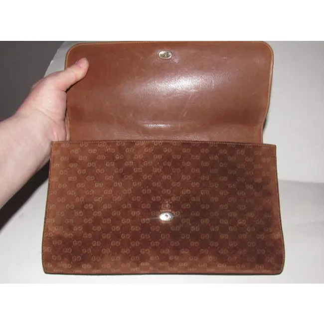 Gucci Vintage Pursesdesigner Purses Brown Small G Logo Print Suede And Leather Suedeleather Clutch