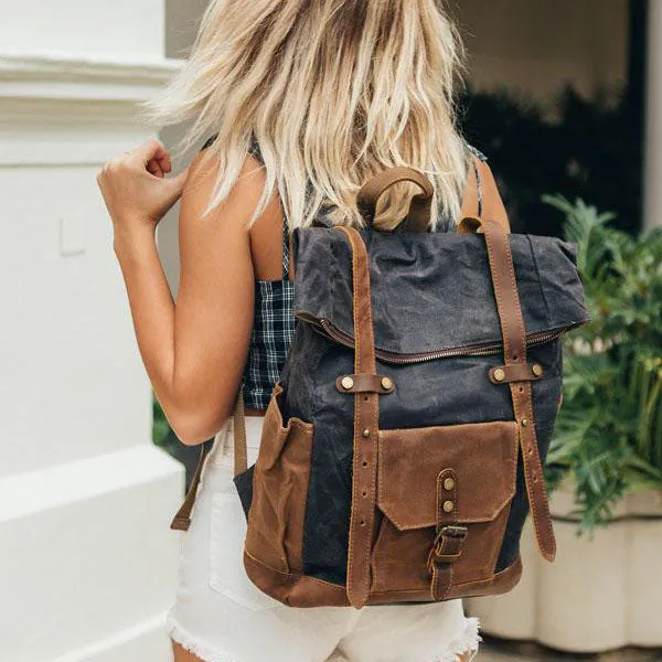 Leather and Canvas Backpack, DSLR Camera Bag, Camera Backpack, School Backpack