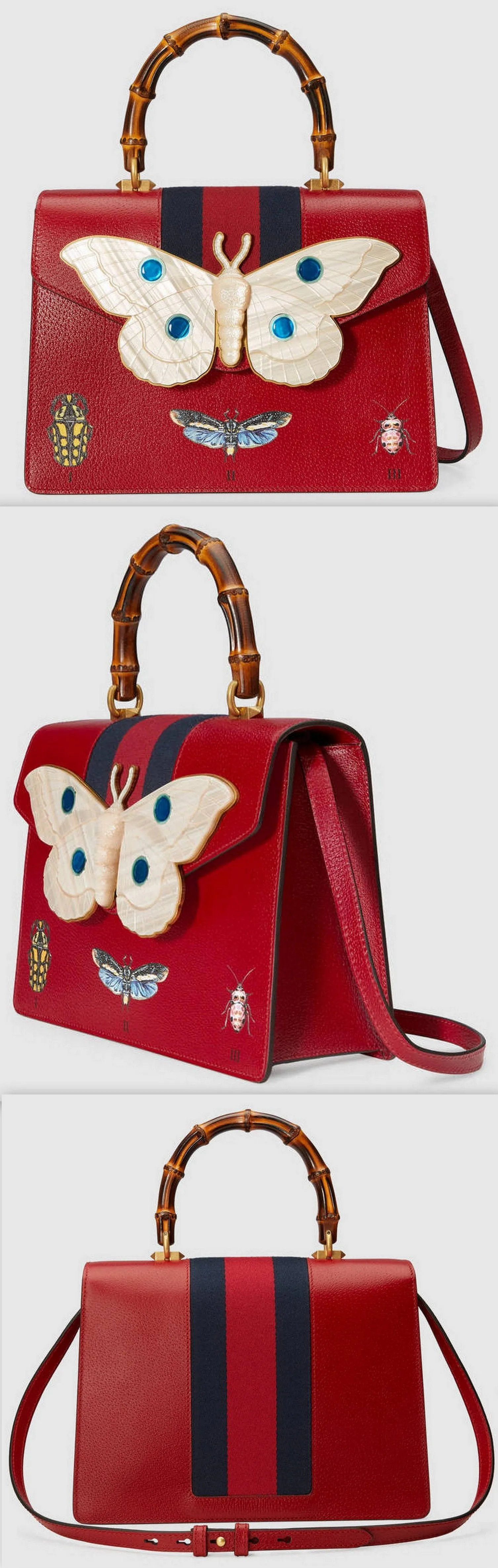 Leather Top Handle Bag with Moth, Red