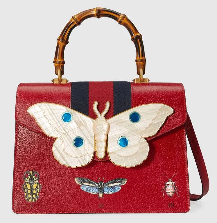 Leather Top Handle Bag with Moth, Red