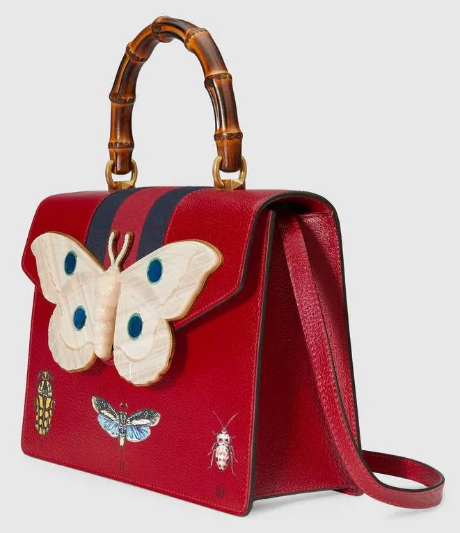 Leather Top Handle Bag with Moth, Red