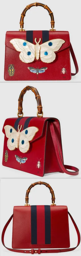 Leather Top Handle Bag with Moth, Red