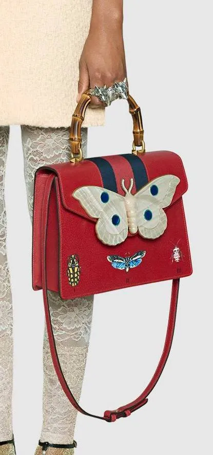 Leather Top Handle Bag with Moth, Red