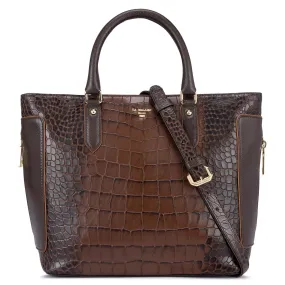 Medium Croco Leather Satchel - Brown
