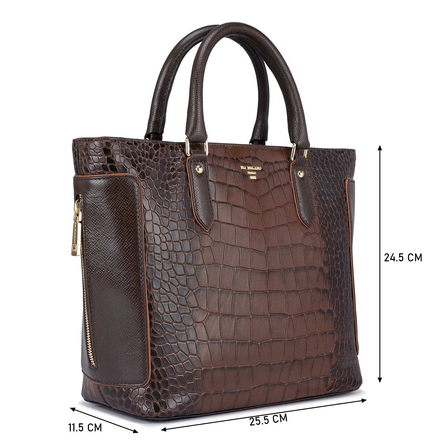 Medium Croco Leather Satchel - Brown