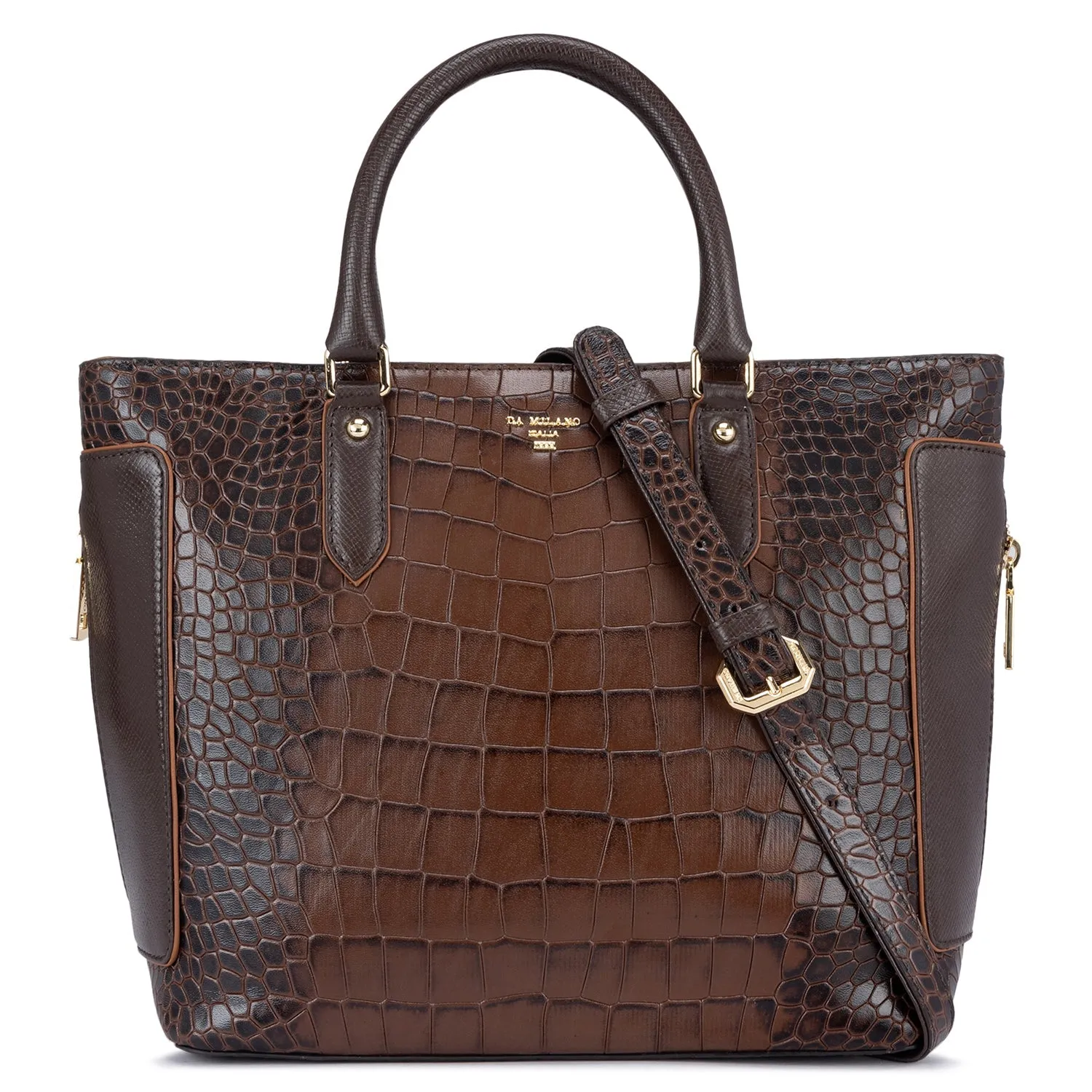 Medium Croco Leather Satchel - Brown
