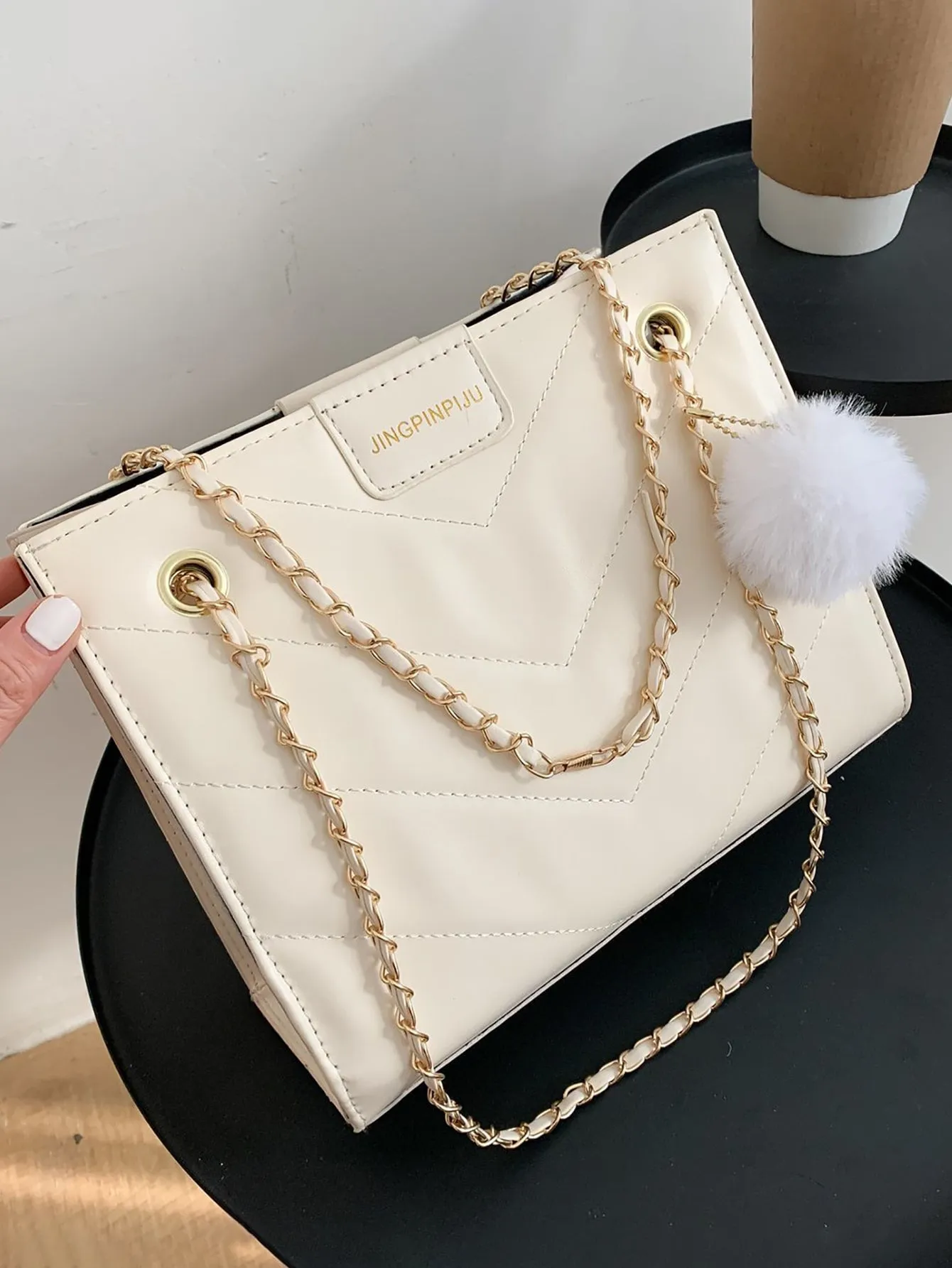 Pop-pom Charm Chevron Shoulder Bag