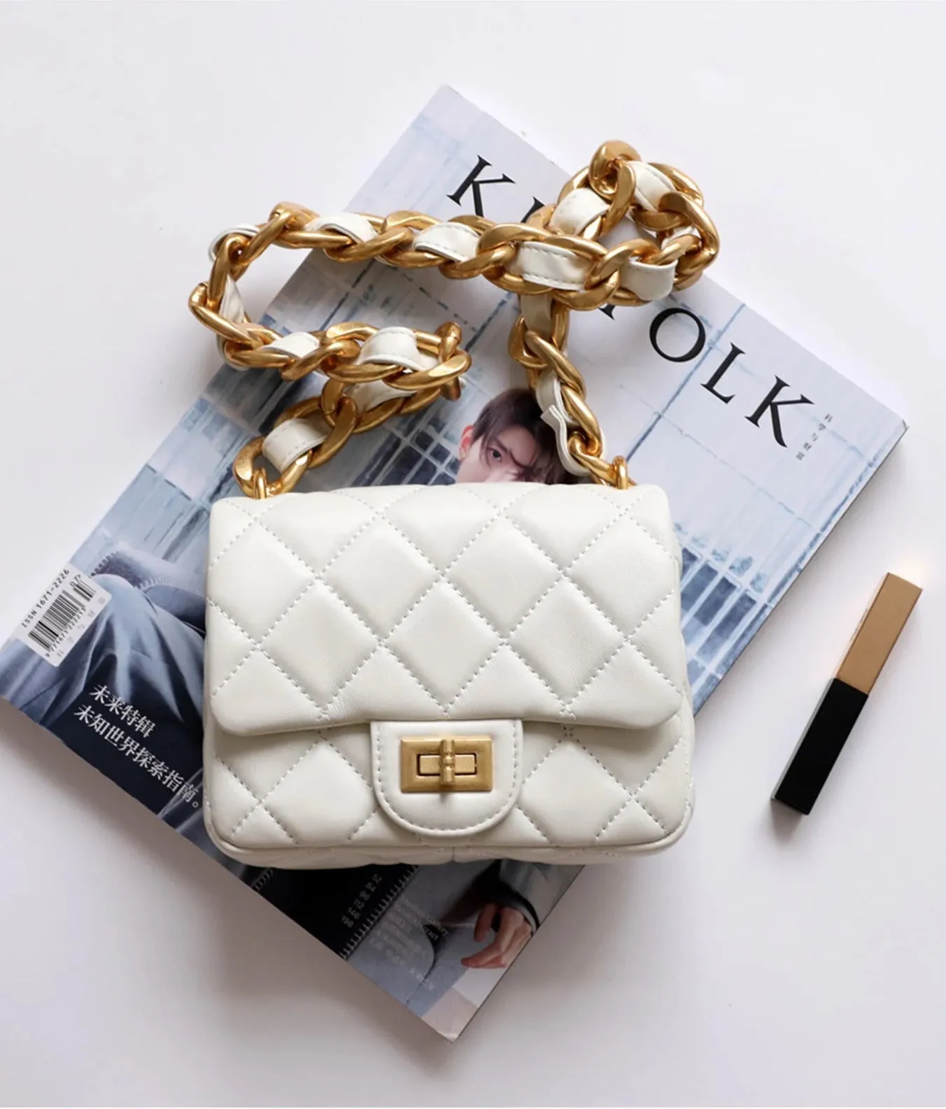 Real Cowhide Leather Square Chain Shoulder  Bag