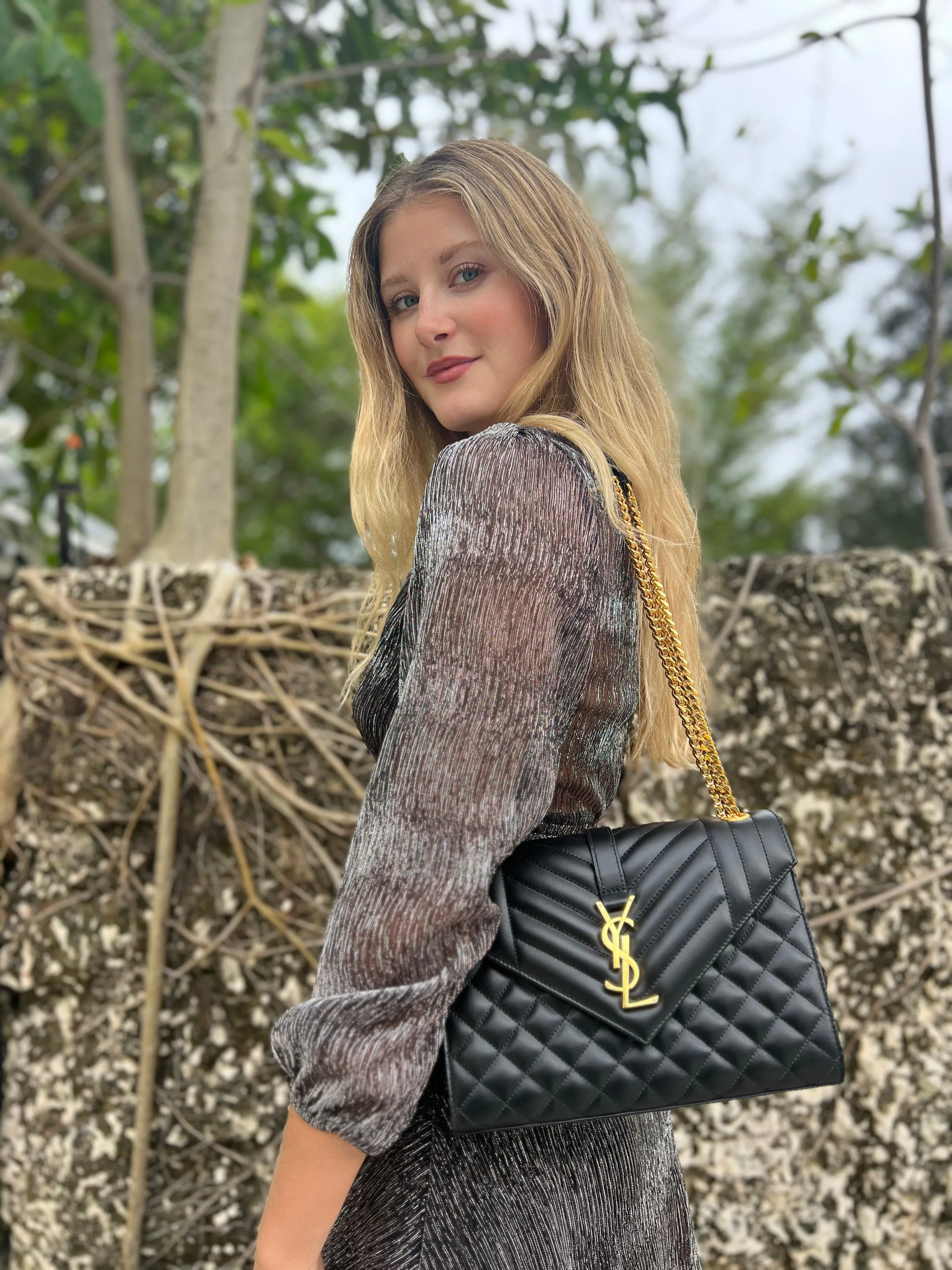SAINT LAURENT Envelope medium chain bag in supple matelassé leather