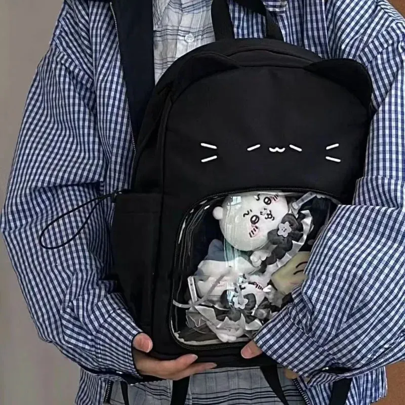 Uakiss Cute Black Womens Backpacks Cat Kawaii Nylon Small Casual Backpacks Harajuku Fashion Transparent Lolita New Female Ita Bag